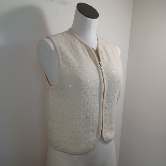 ICE Sweater Vest Ivory 100% Wool Sequin Full Zip Womens Medium - Picture 8 of 11